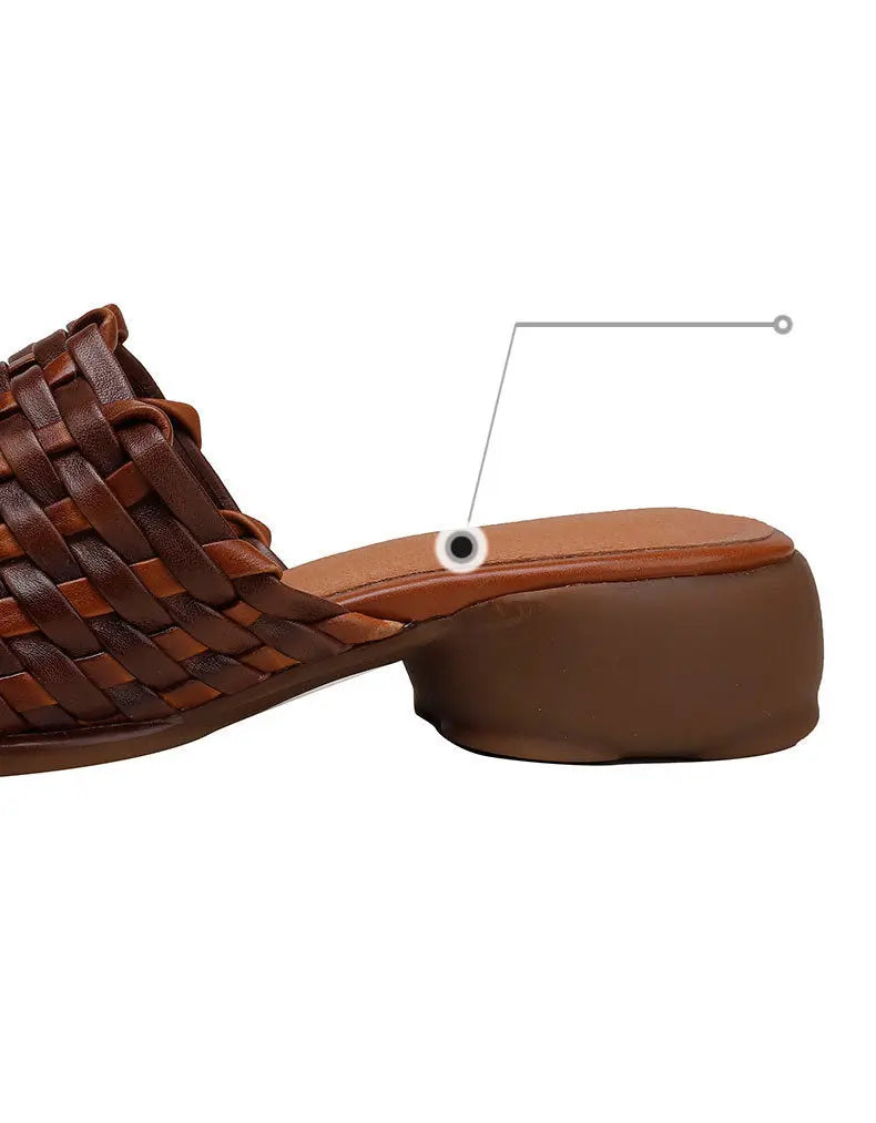 Leather Woven Slippers Wide Mules for