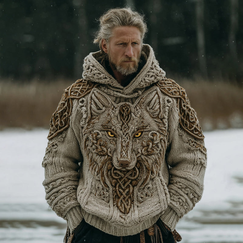 Men's Vintage Viking Wolf Celtic Knot Art Cozy Knit Hooded Sweater artswardrobe