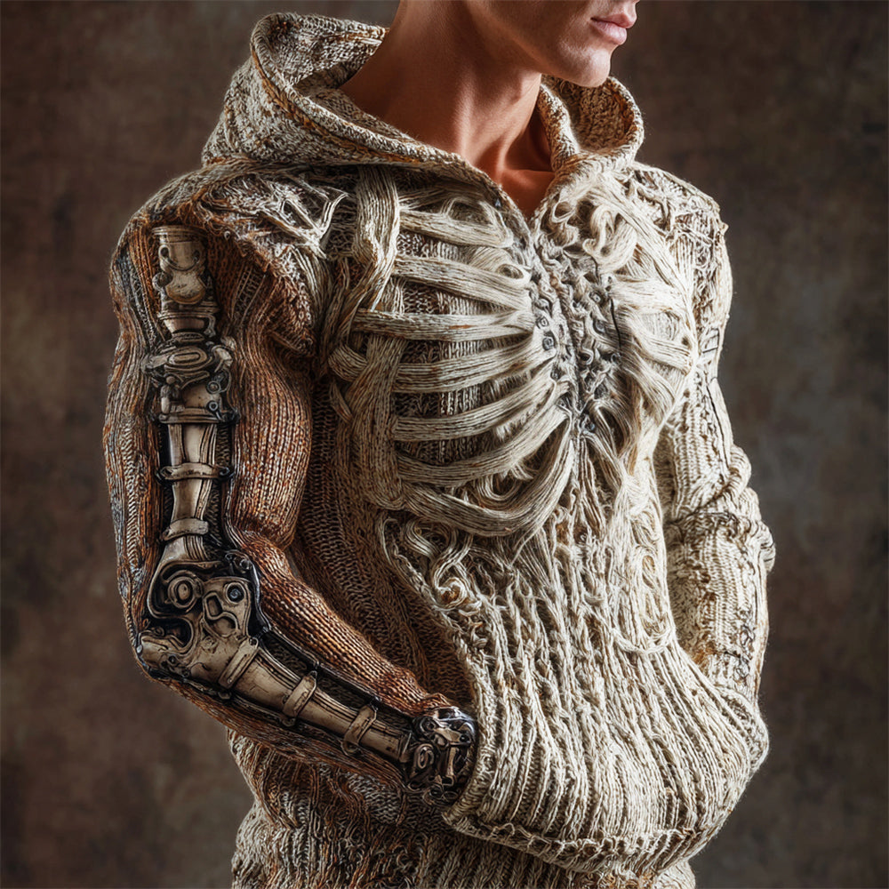 Halloween Bionic Mechanical-style Men's Hooded Knit Sweater artswardrobe