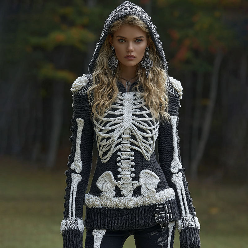 Women's Halloween Skeleton Bones With Roses Art Knitted Warm Hooded Sweater artswardrobe