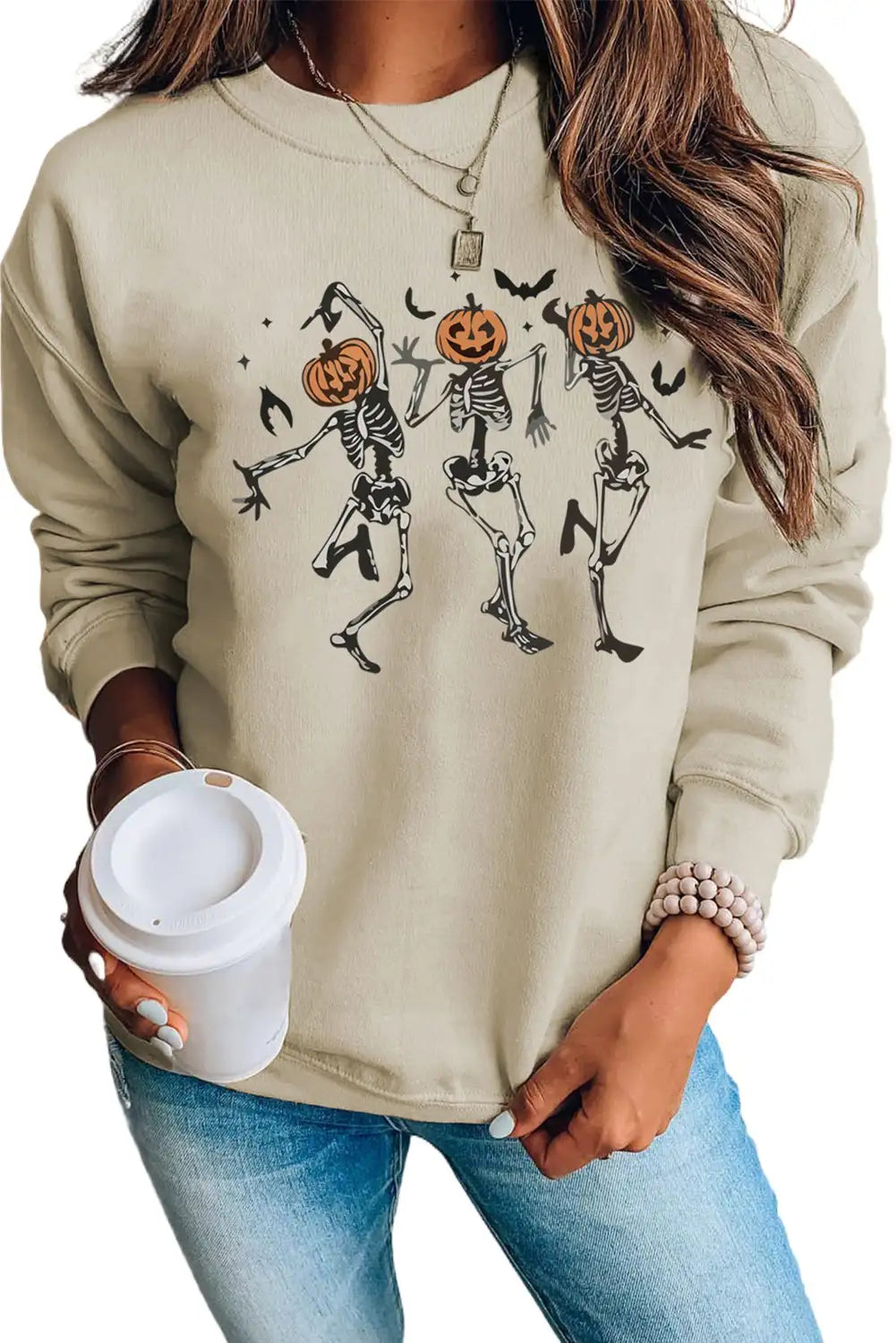 Khaki Skeleton Pumpkin Graphic Sweatshirt