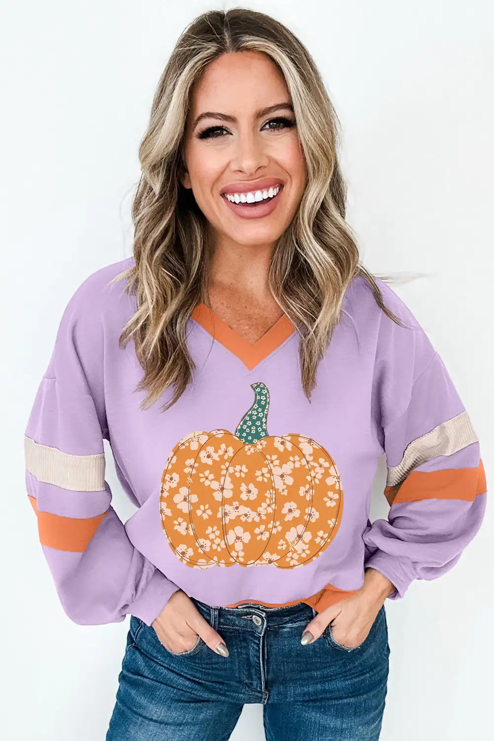 Halloween Pumpkin Color Block V Neck Sweatshirt