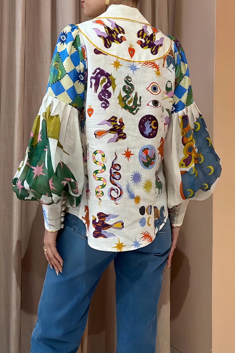 Print Turndown Collar Tops