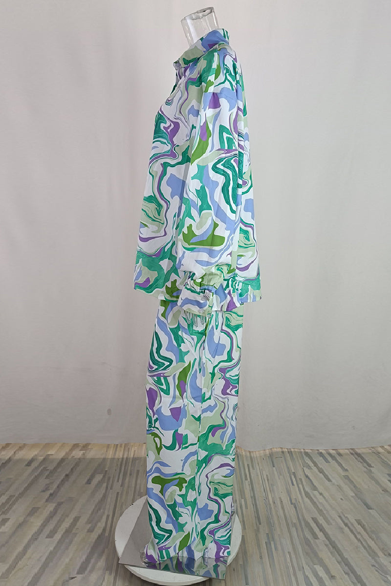 Print Cardigan Pants Turndown Collar Long Sleeve Two Pieces