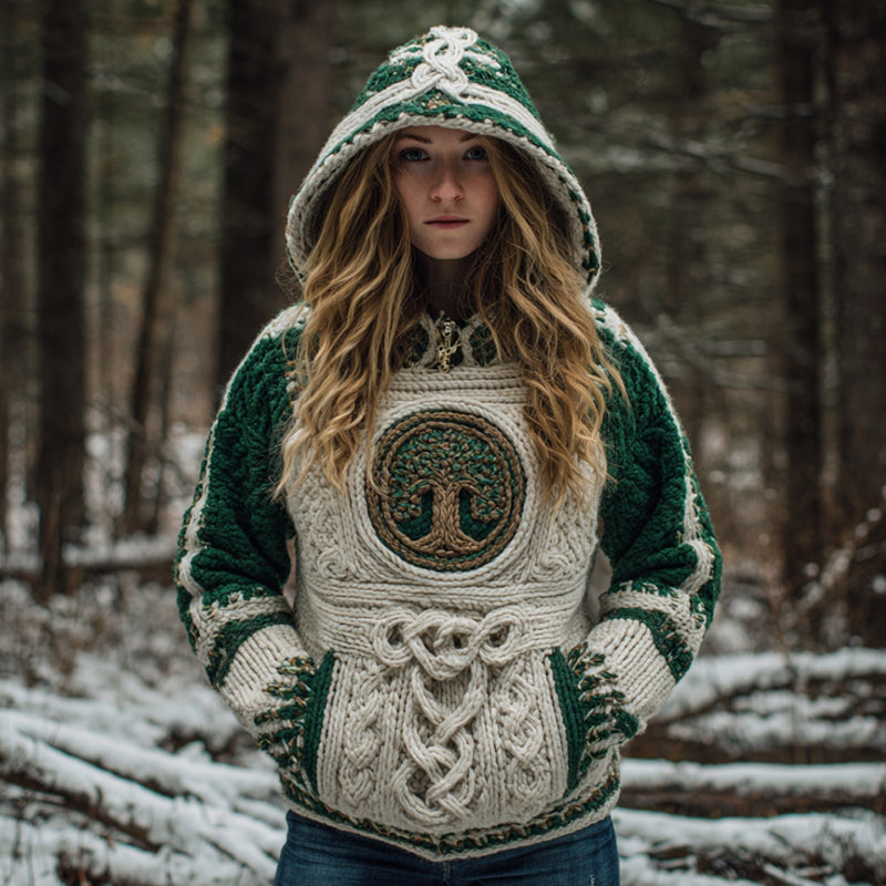 Women's Vintage Viking Celtic Knot Tree Of Life Knit Hooded Sweater artswardrobe