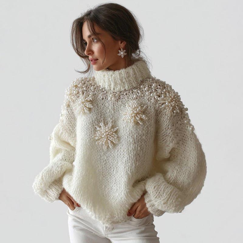 Women's White Christmas Decorations Snoeflake Art High Neck Sweater artswardrobe