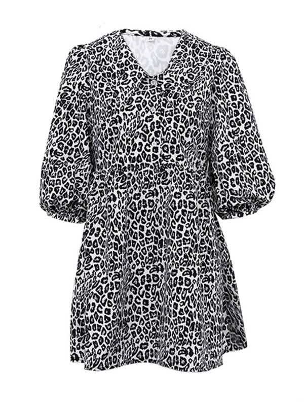 A-line Half Sleeves Buttoned Elasticity Leopard No Belt Zipper Lapel Mini Dresses