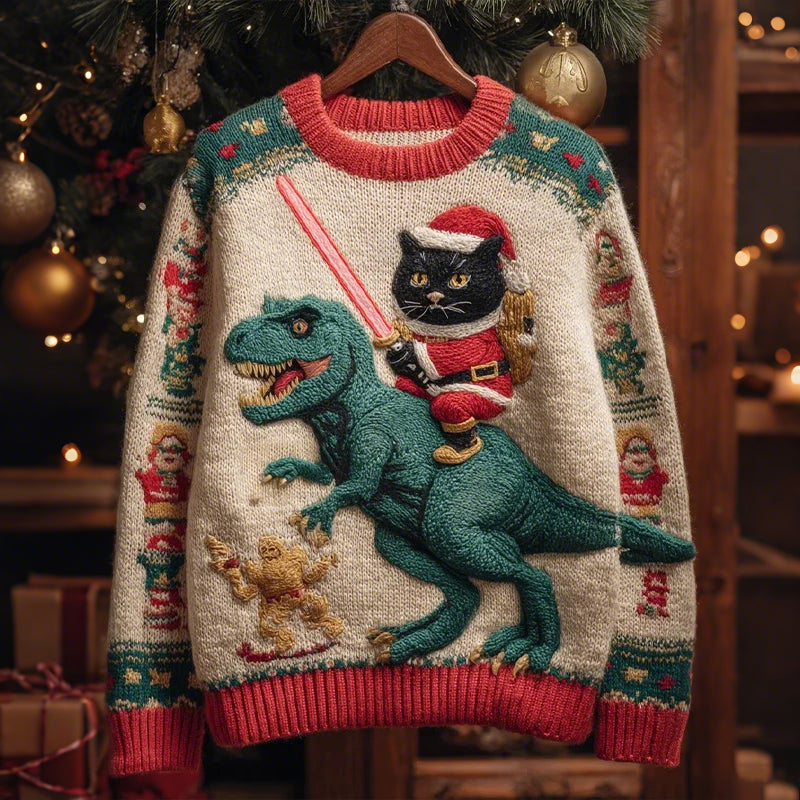 Comstylish Men's Black Cat Riding A Dinosaur And Holding A Lightsaber Christmas Ugly Sweater