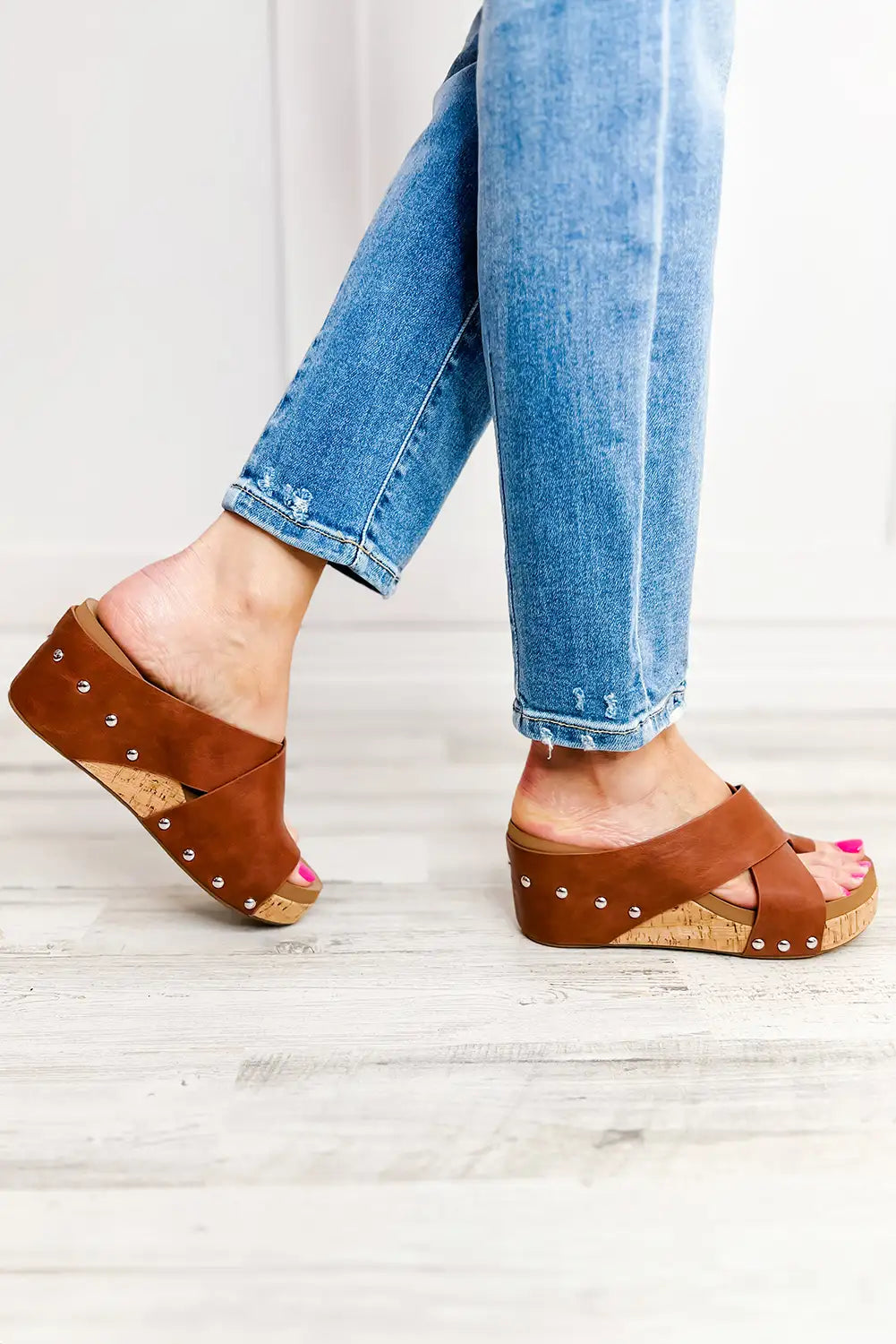 Studded Chestnut Wedge Slippers