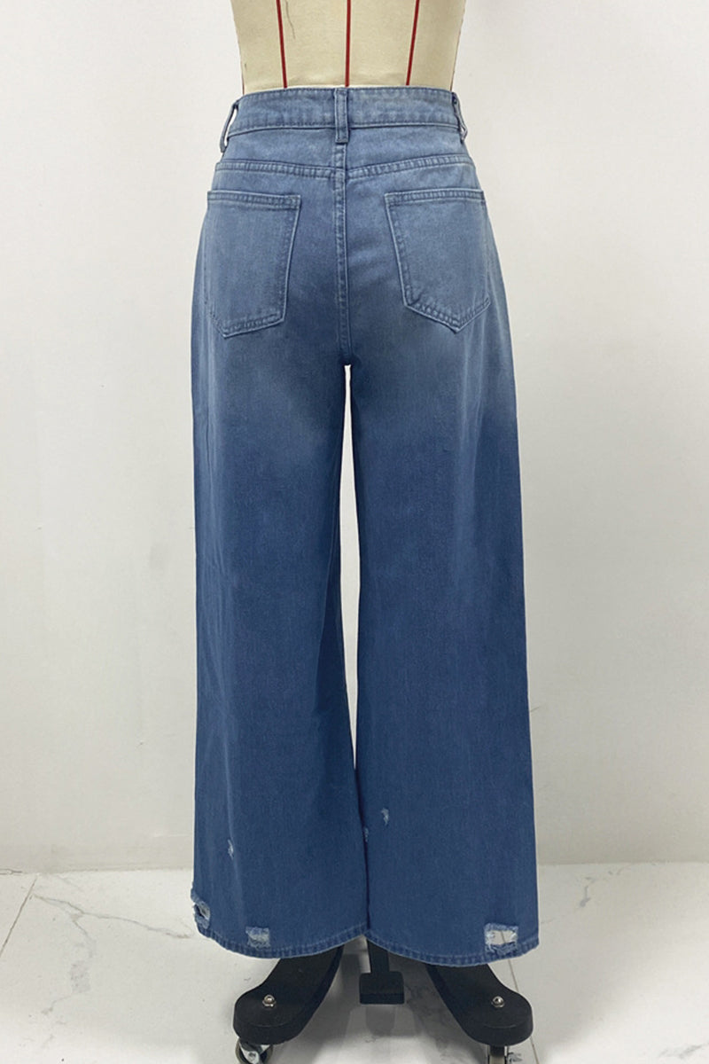 Street Gradient Color Ripped Pocket High Waist Loose Denim Jeans