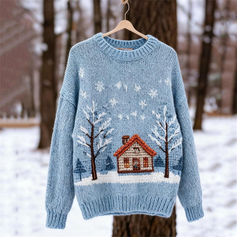 Comstylish Vintage Snowing Forest Cottage Crochet Cozy Knit Sweater