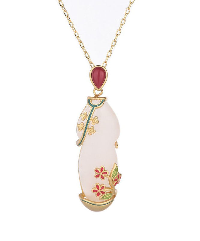 White Inlaid Jade Cloisonne Pendant Necklace