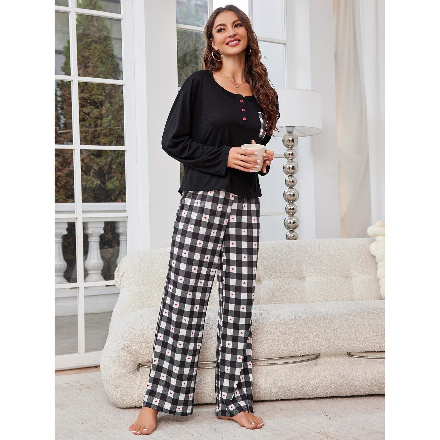 Pajamas Spring Autumn Plaid Long Sleeve Cardigan Homewear Two Piece Set