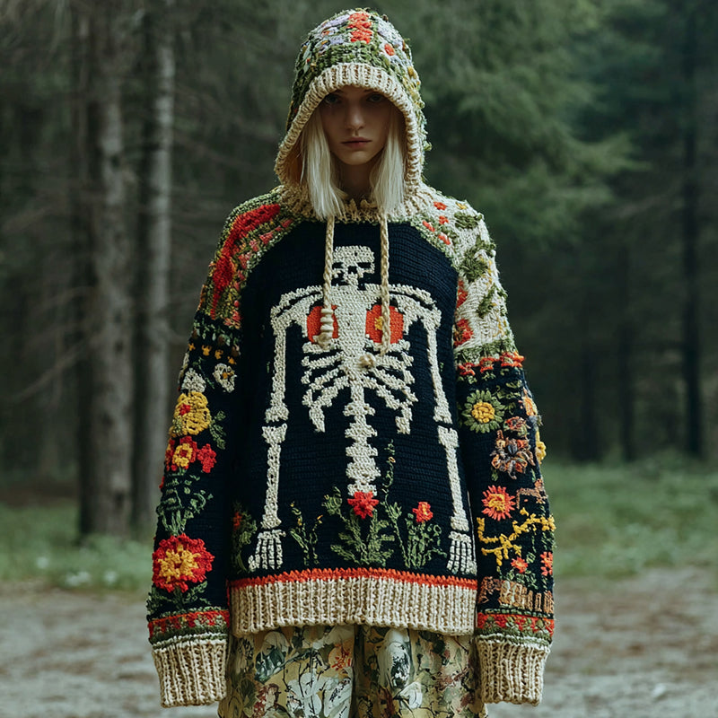 Comstylish Women's Halloween Skull Floral Pattern Knitted Hooded Sweater