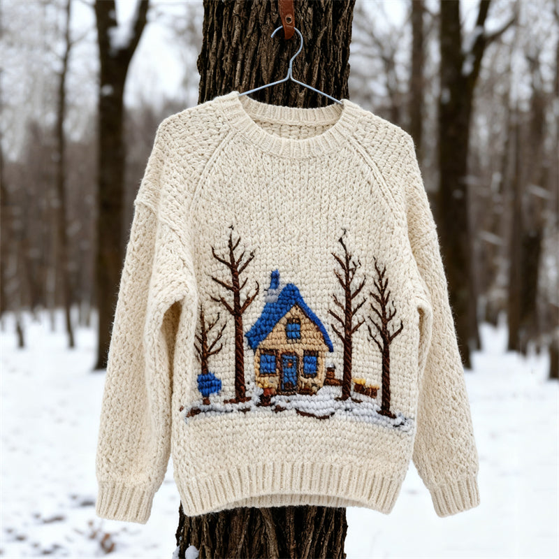 Comstylish Vintage Snowy Forest Cottage Crochet Cozy Knit Sweater