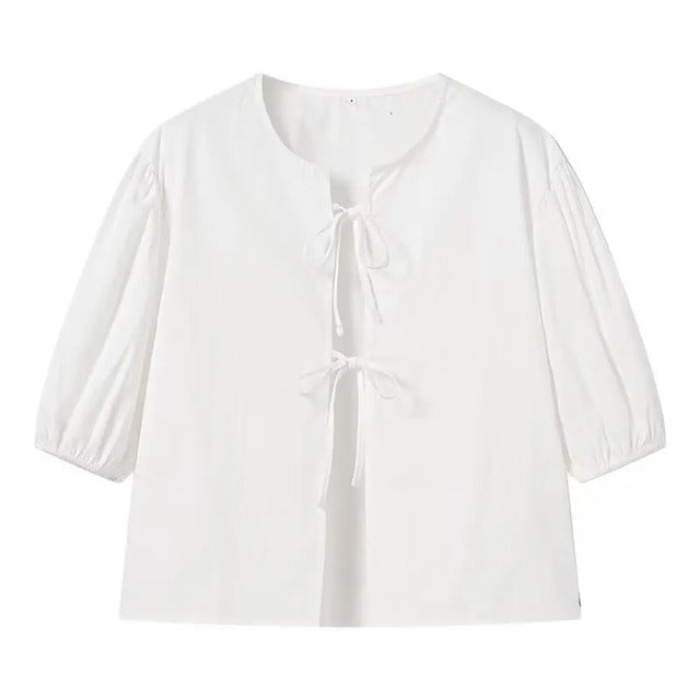 Trauxy White Lace-up Short Sleeve Shirt for Loose Color Patchwork Summer Blouse Female Club Party Outfits