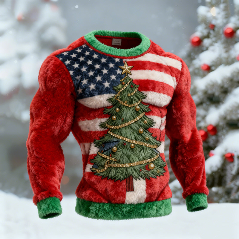 Comstylish Men's Flag Christmas Tree Round Neck Ugly Sweater
