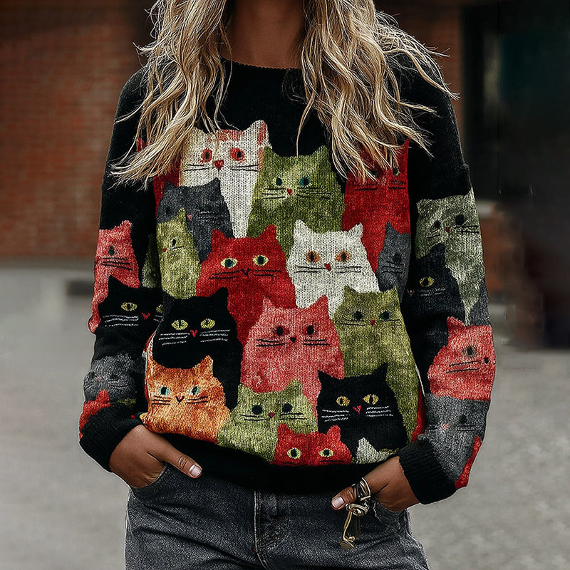 Vintage Colorful Cats Pattern Art Cozy Knit Sweater artswardrobe