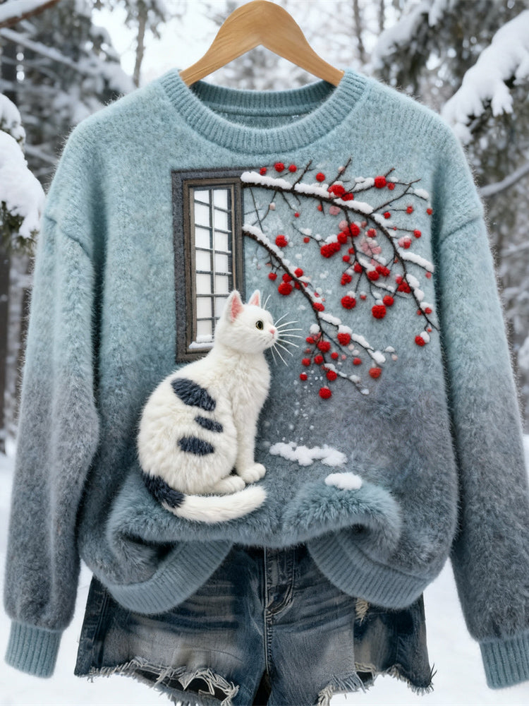 Winter Flower & Cat Women's Soft Plush Sweater