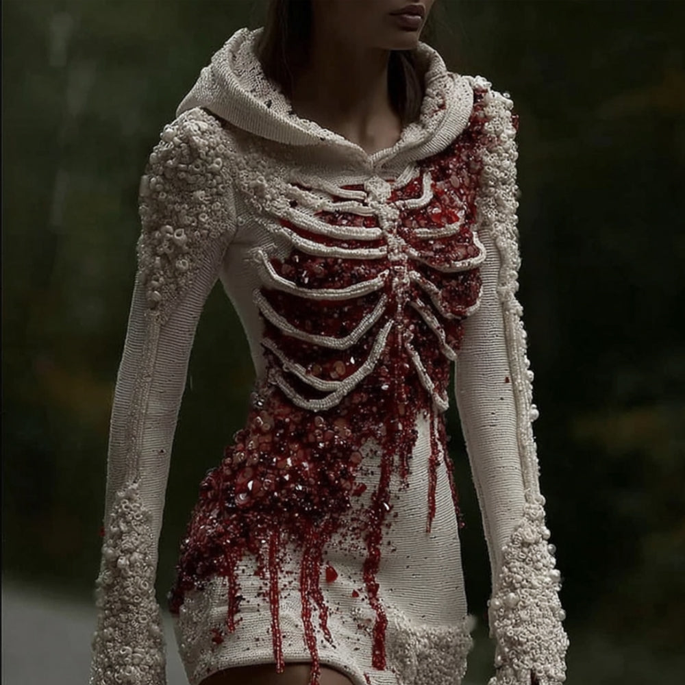 Women's Halloween Skeleton Blood Rose Art Knitted Hoodie Sweater artswardrobe