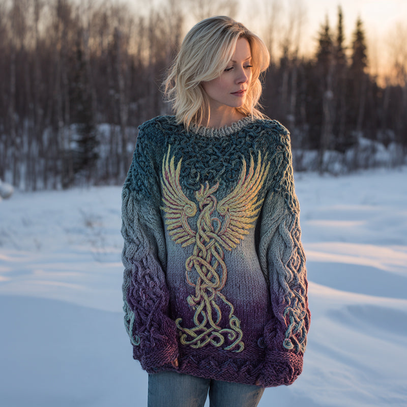 Women's Celtic Knot Myth Phoenix Embroidery Ombre Sweater artswardrobe