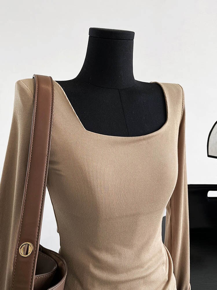 Long-sleeved Square-neck T-shirt ’s Slim-fit Exposed Collarbone Low-neck Short Top Bottoming Shirt
