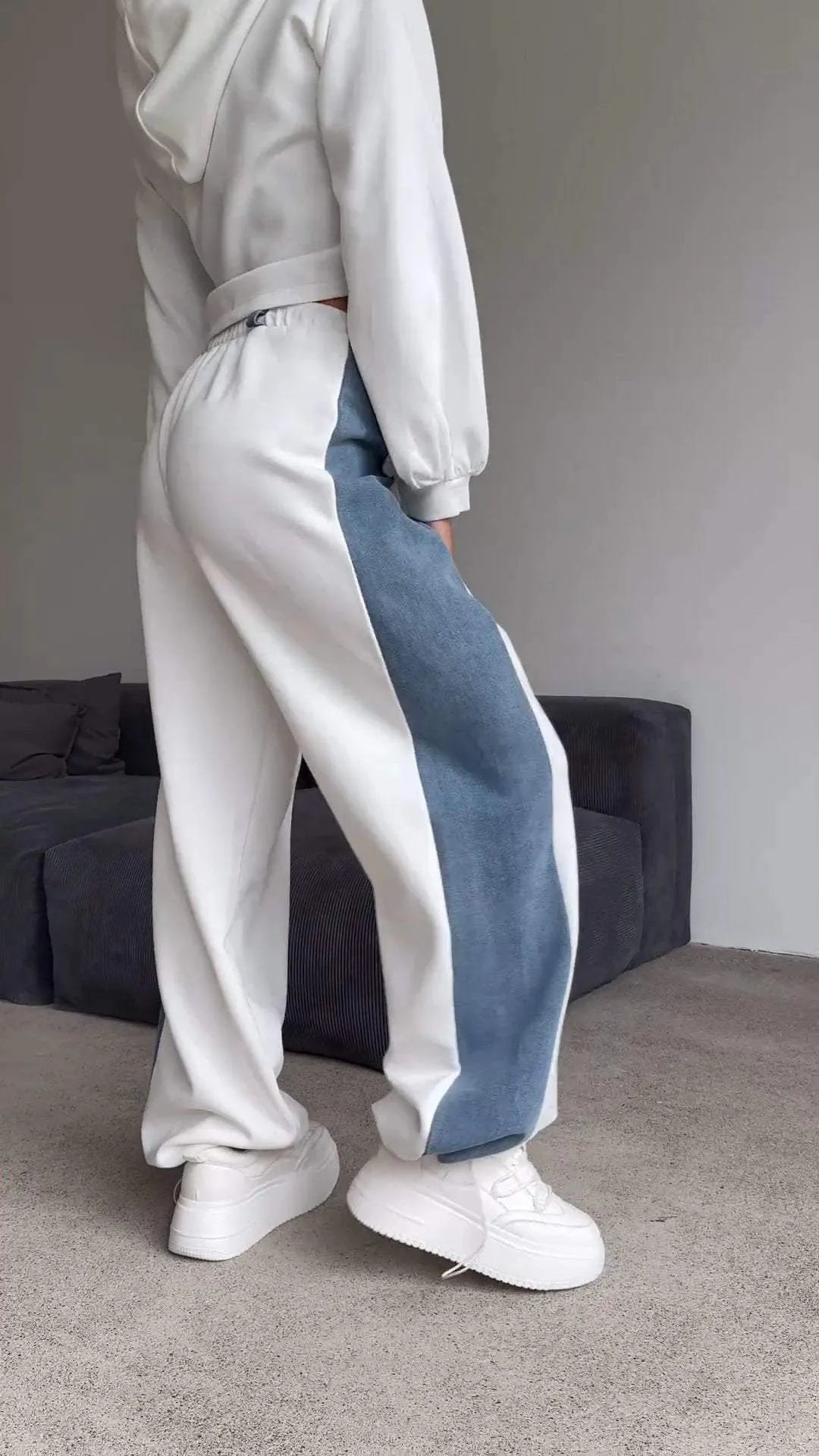 Hooded Denim Patchwork Sweatshirt Two-piece Set