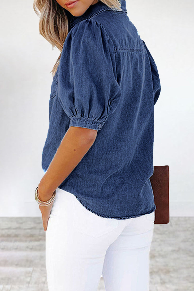 Patchwork Pocket Turndown Collar Blouses