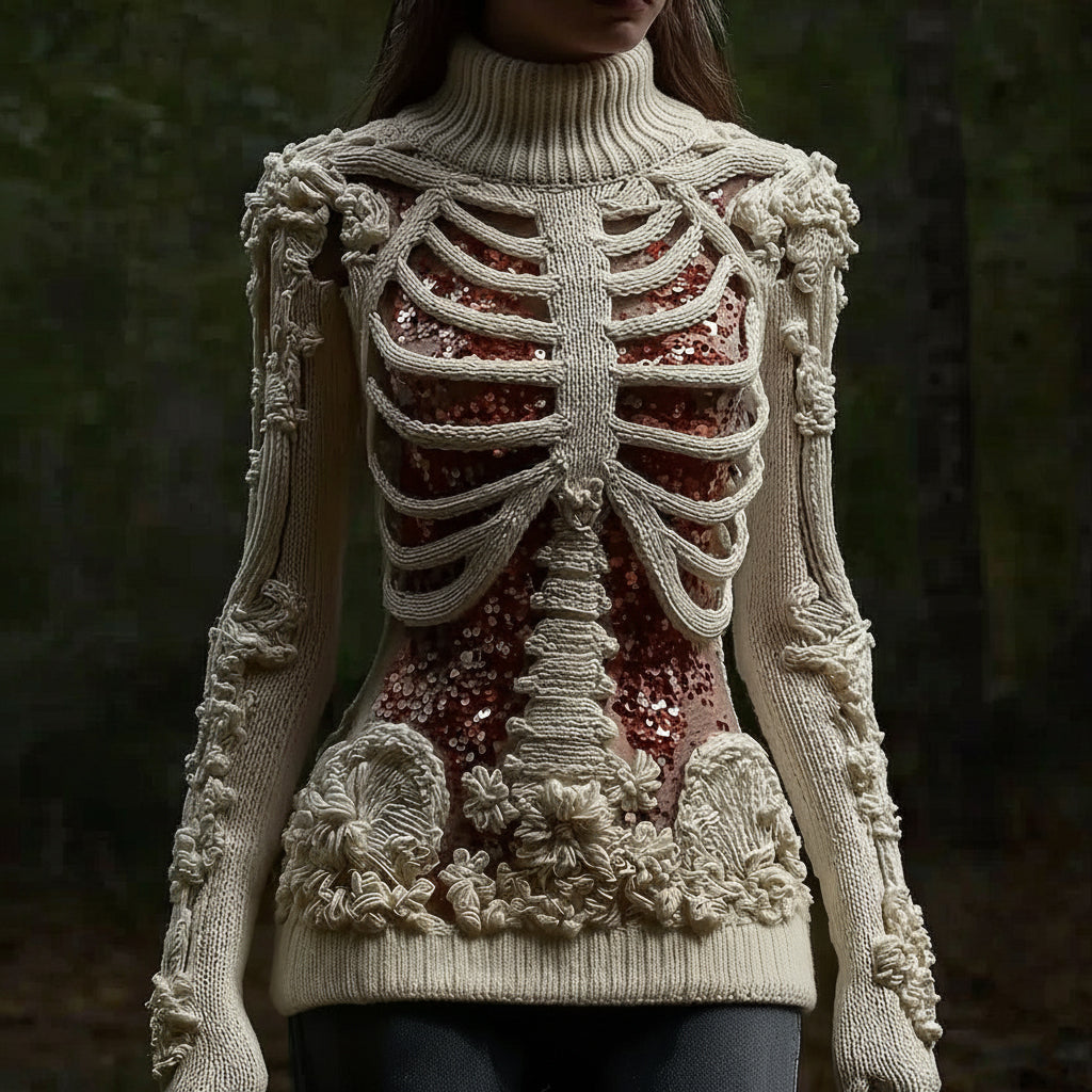 Women's Halloween Skull Sequin Art Knitted Warm Turtleneck Sweater artswardrobe