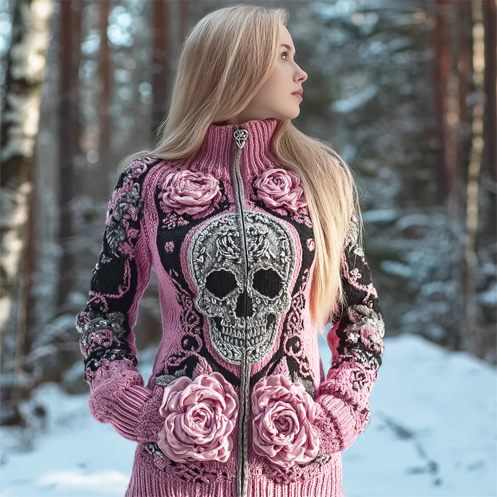 Skull & 3d Floral Art Women's Chunky Knit Zipper Sweater artswardrobe