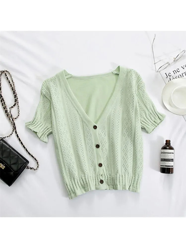 T-shirts V-neck Button Up Tees Short Sleeve T-shirts Knitted Cadigans Crop Tops for Summer Tee