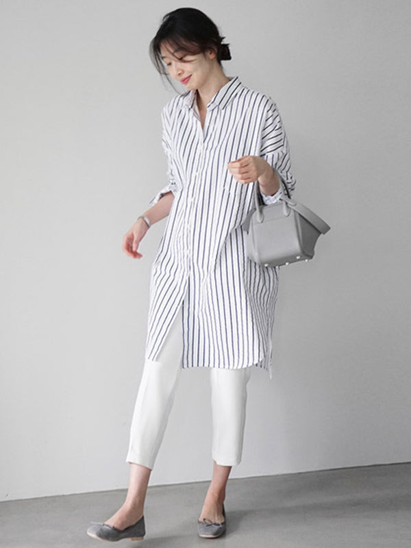 Urban Loose Color Striped Lapel Blouse Top