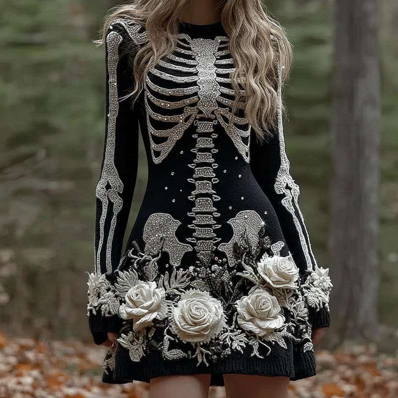 Women's Vintage Skull Rose Comfortable Elegant Sweater Dress artswardrobe