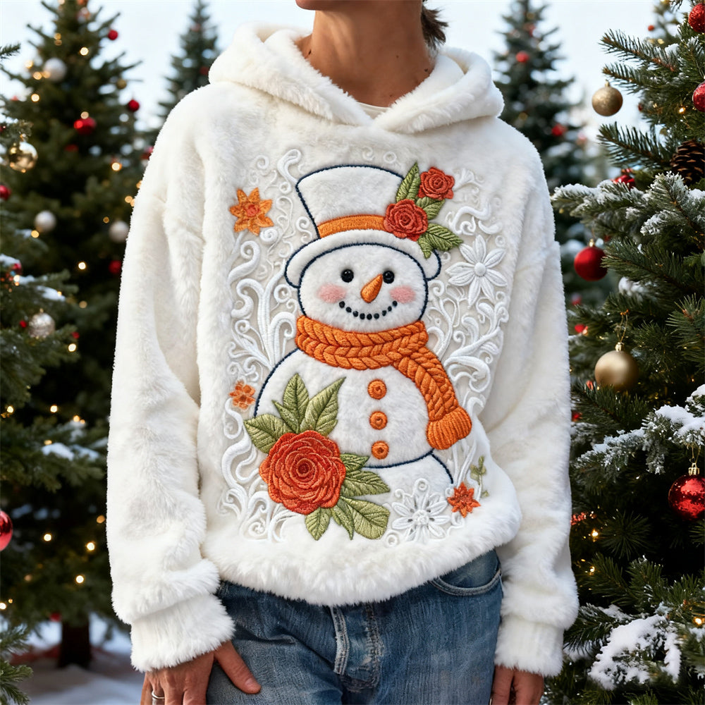 Comstylish Christmas Snowman Floral Embroidery Design Women's Flannel Hooded Sweater