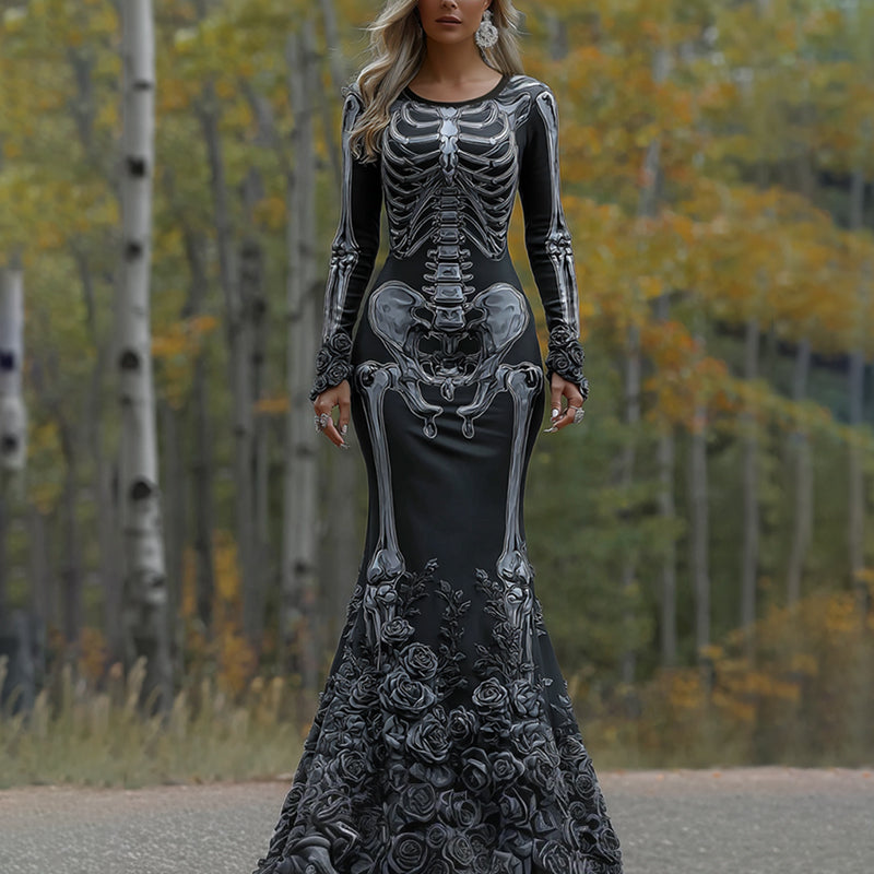 Women's Vintage Halloween Skeleton Bones With Rose Art Cozy Long Sleeve Maxi Dress elevenforest