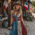 Vintage Western Texas Flag Patchwork Bluebonnets Embroidered Print V-neck Suspender Mini Dress elevenforest