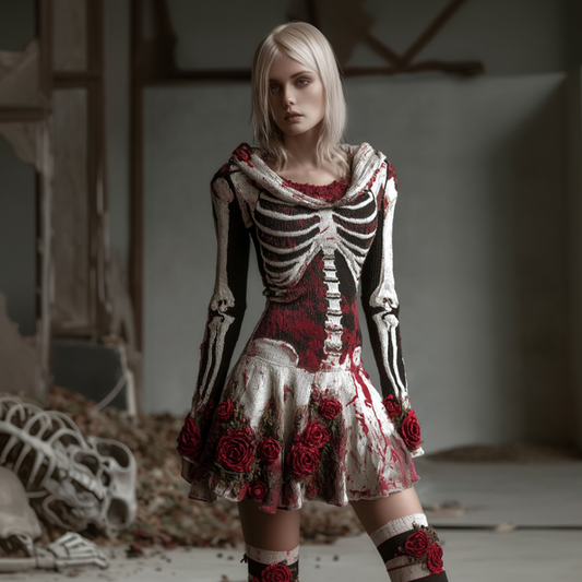 Comstylish Halloween Blood Rose Women's Knit Hooded Sweater Dress