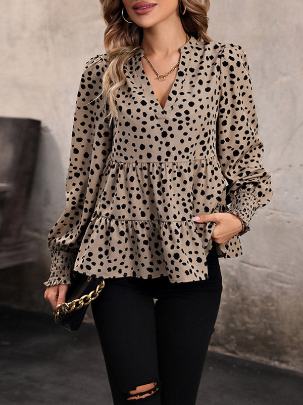 Long Sleeves Loose Elasticity Polka-dot Split-joint V-neck Blouses&shirts Tops