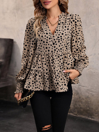 Long Sleeves Loose Elasticity Polka-dot Split-joint V-neck Blouses&shirts Tops