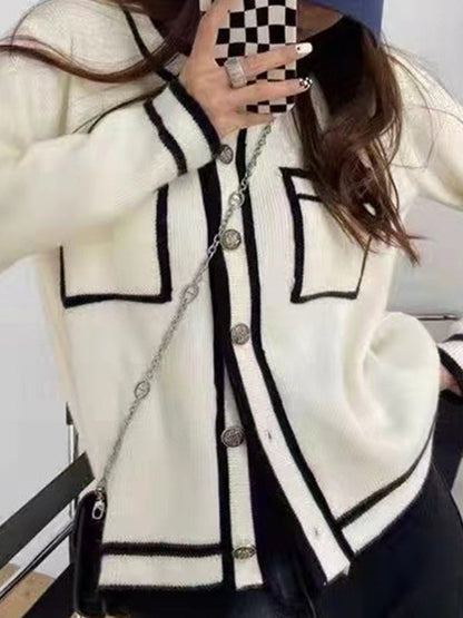 Long Sleeves Buttoned Contrast Color Pockets Round-neck Cardigan Tops