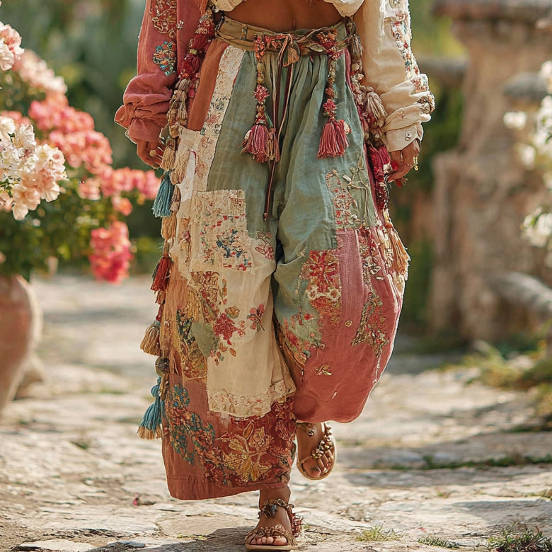 Women's Rose Floral Patchwork Waist Elastic Pocket Pants elevenforest