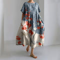 Comstylish Japanese Art Flower Print Short Sleeve Loose Midi Dress
