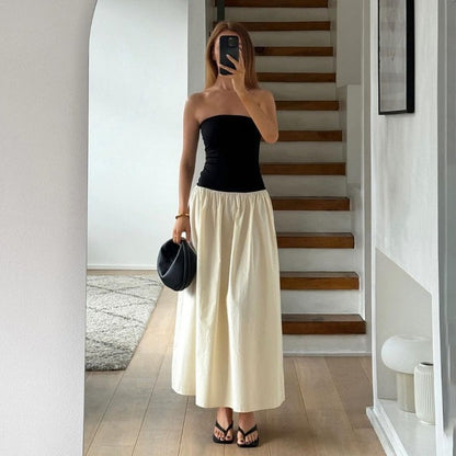 Taruxy Clash Color Strapless Maxi Dress for Summer Off Shoulder Patchwork Backless Sleeveless Beach Dress Female
