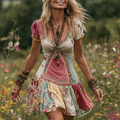 Women's Vintage Rose Floral Art Patchwork Comfy Midi Dress elevenforest