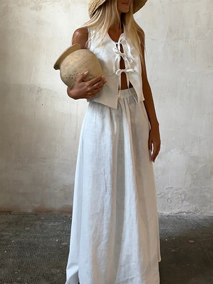 Cotton and Linen Lace-up Sleeveless Vest Suit