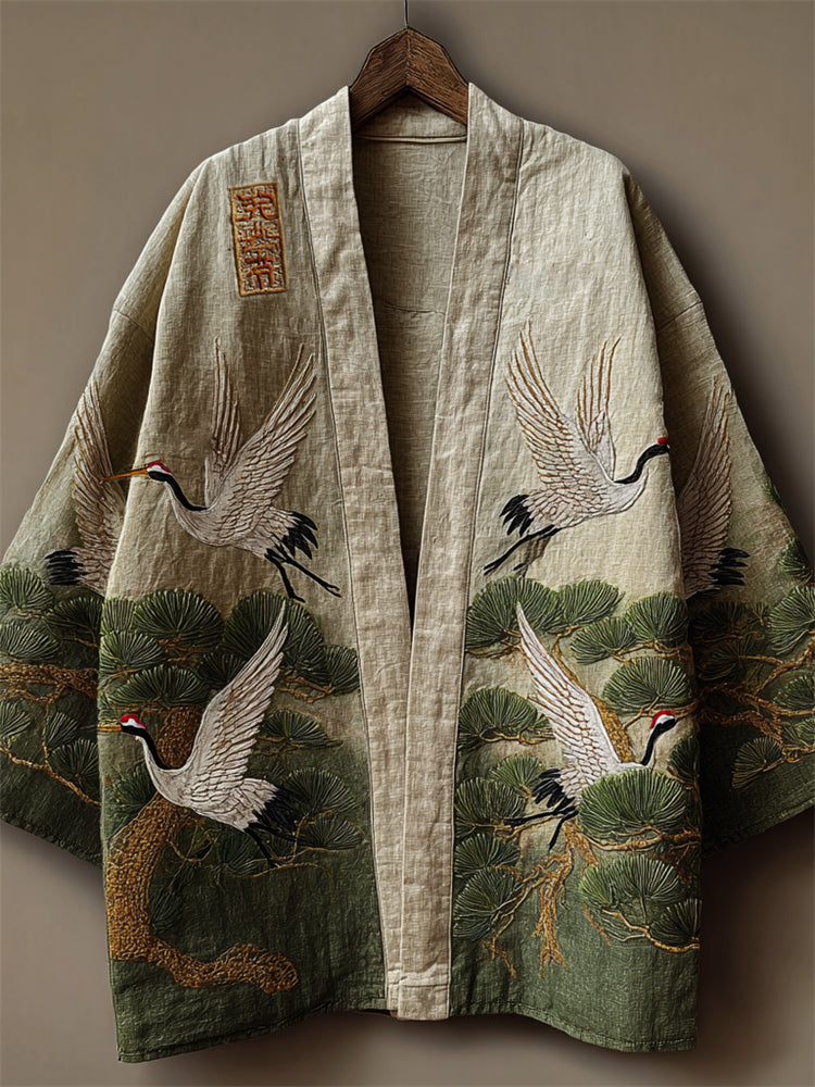 Japanese Cranes & Pine Trees Embroidered Linen Kimono Cardigan elevenforest