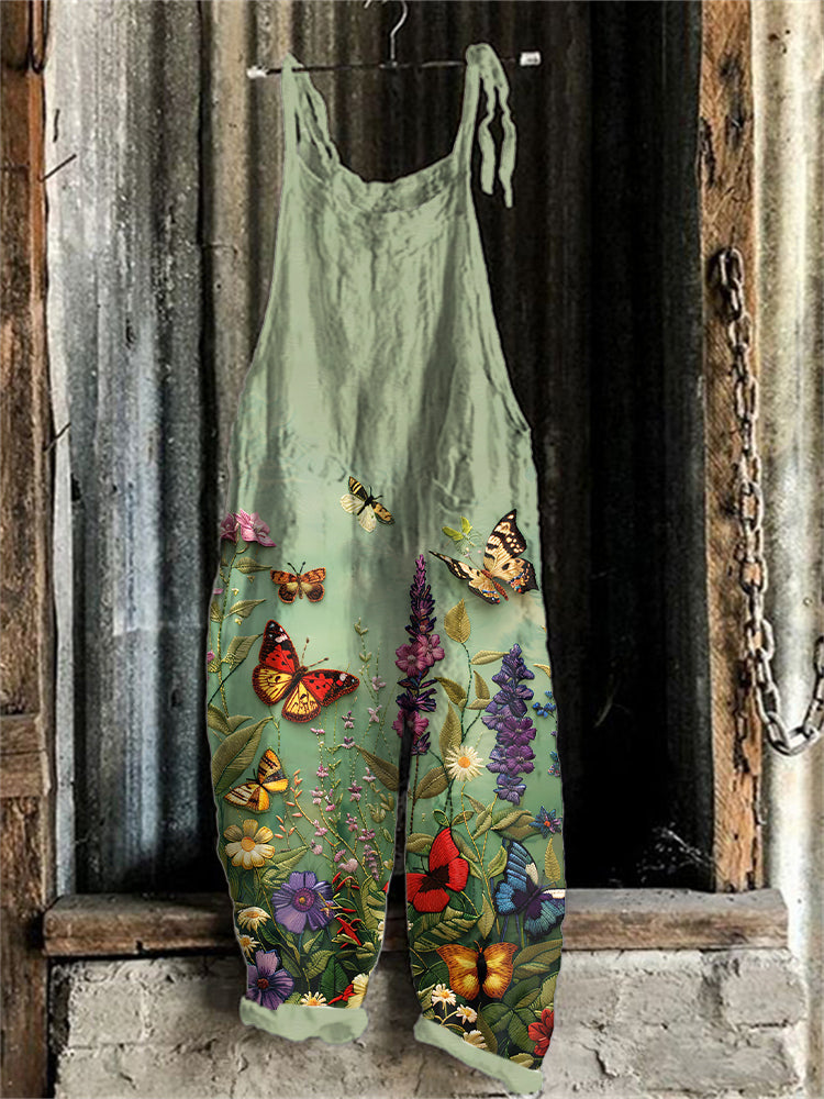 Women's Floral And Butterfly Embroidered Linen Blend Jumpsuit elevenforest