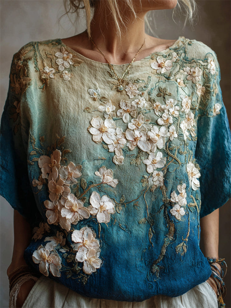 Oil Painting Almond Blossom Embroidered Gradient Linen Tunic elevenforest