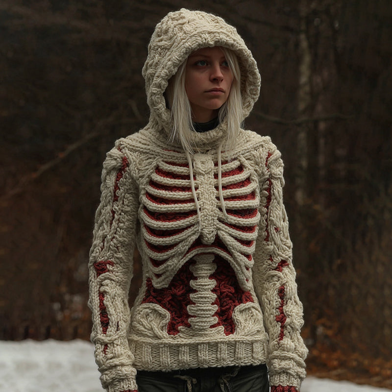 Comstylish Women's Vintage White Skeleton Color Block Art Cozy Hooded Sweater