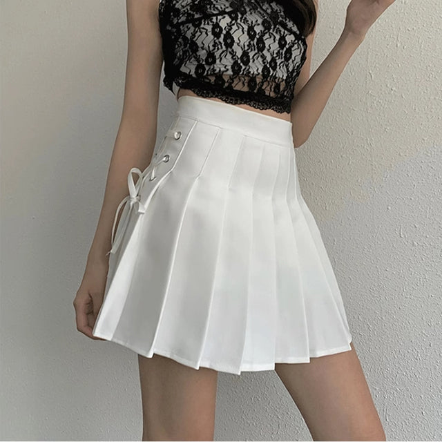 White Lace Up Pleated Skirts Summer Clothing Zipper Dancing Jk Mini Skirts Black Student A-line Skirt
